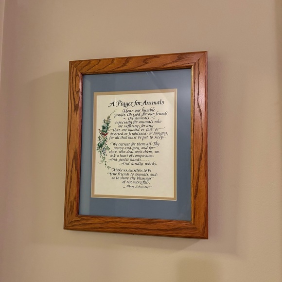 Framed calligraphy Prayer For Animals measuring 13.5” X 16.5” Oak frame. - Picture 2 of 2